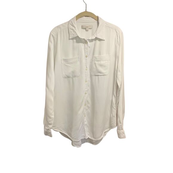 Ann Taylor Loft Womens White Long Sleeve Button Up Top M Basic Neutral Vacation - Picture 1 of 5